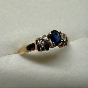 14k Yellow Gold Ring Oval Blue Sapphire w Channel Set Accent Diamonds Size 6.75